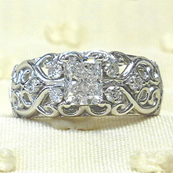 ▶NEW DIAMOND DAINTY RADIANT CUT CARVED 925 STERLING SILVER ETERNITY RING, K997 - Picture 3 of 5